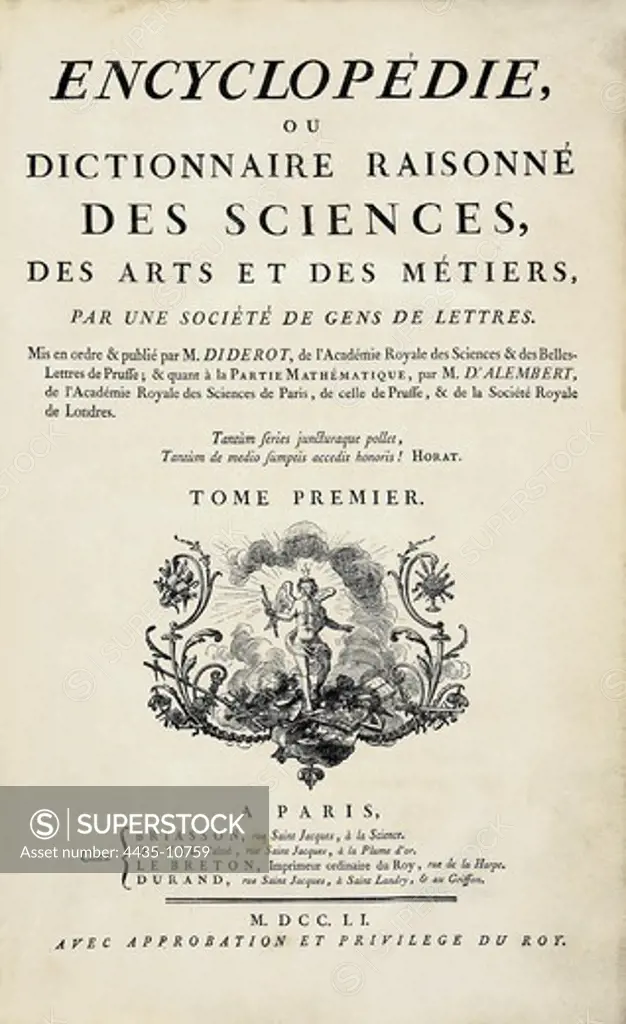 ALEMBERT, Jean Le Rond D' (1717-1783). French philosopher, writer and mathematician.; DIDEROT, Denis (1713-1784). French erudite writer and philosopher. L'Encyclop_die. Frontispiece of an edition published in Paris in 1751. SPAIN. CATALONIA. Barcelona. Biblioteca de Catalunya (National Library of Catalonia).