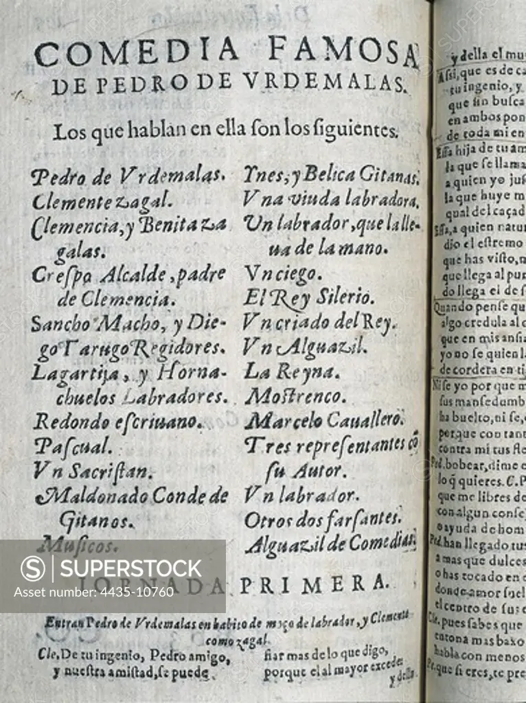 CERVANTES SAAVEDRA, Miguel de (1547-1616). Spanish writer. 'Comedia Famosa de Pedro de Urdemalas'. Edition executed in Madrid in 1615. SPAIN. CATALONIA. Barcelona. Theatre Institute.
