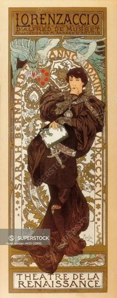 MUCHA, Alphonse Maria (1860-1939). Lorenzaccio. 1896. Poster advertising the theatre performance of Sarah Bernhardt in the play 'Lorenzaccio' by Alfred de Musset at the Th_atre de la Renaissance of Paris. Modernism. Litography. Private Collection.