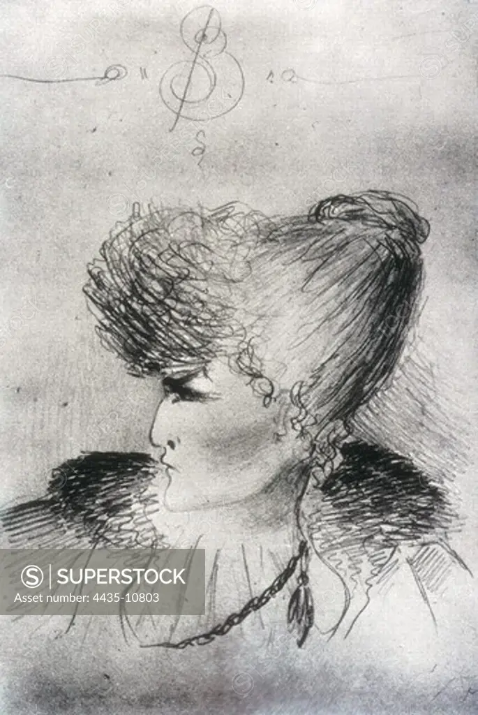 BEARDSLEY, Aubrey Vincent (1872-1898). Portrait of Sarah Bernhardt. 1890s. Engraving.