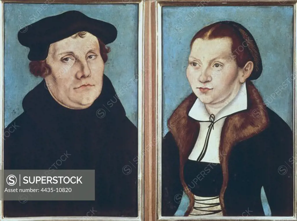 Cranach, Lucas, 'the Elder' (1472-1553). Portraits of Luther and his Wife Katharina von Bora. 1529. Pair of paintings of the same size. Renaissance art. Oil on wood. ITALY. TUSCANY. Florence. Galleria degli Uffizi (Uffizi Gallery).
