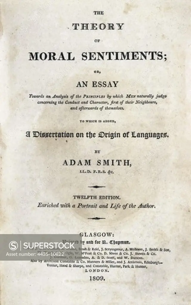 SMITH, Adam (1723-1790). Title page of the work 'The Theory of Moral Sentiments', published in 1809. SPAIN. CATALONIA. Barcelona. Biblioteca de Catalunya (National Library of Catalonia).