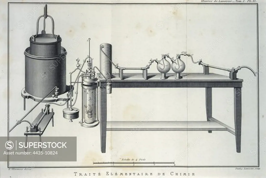 Lavoisier, Antoine-Laurent (1743-1794). French chemist. Established the composition of the water and the basis of bioenergetics. Illustration of scientific equipment from Lavoisier's 'Trait_ elementaire de chimie' (Elementary Treatise of Chemistry). Engraving. SPAIN. CATALONIA. Barcelona. Biblioteca de Catalunya (National Library of Catalonia).