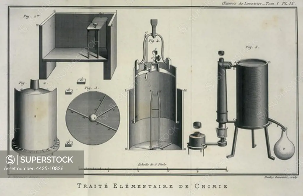 Lavoisier, Antoine-Laurent (1743-1794). French chemist. Established the composition of the water and the basis of bioenergetics. Illustration of scientific equipment from Lavoisier's 'Trait_ elementaire de chimie' (Elementary Treatise of Chemistry). Volume 1, Sheet 9. Engraving. SPAIN. CATALONIA. Barcelona. Biblioteca de Catalunya (National Library of Catalonia).