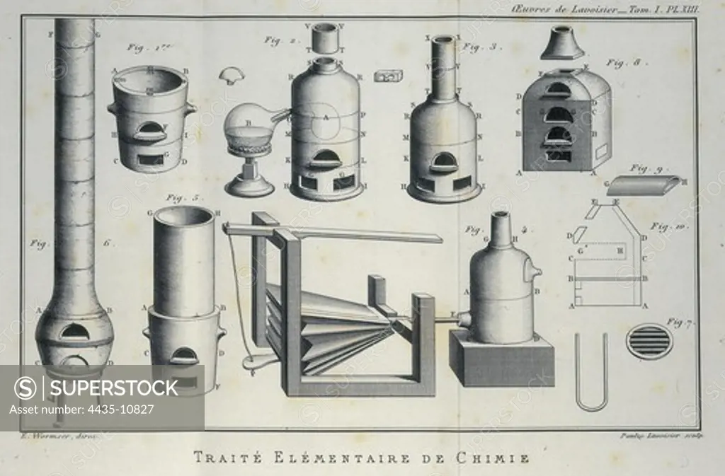 Lavoisier, Antoine-Laurent (1743-1794). French chemist. Established the composition of the water and the basis of bioenergetics. Illustration of scientific equipment from Lavoisier's 'Trait_ elementaire de chimie' (Elementary Treatise of Chemistry). Volum 1, Sheet 13. Engraving. SPAIN. CATALONIA. Barcelona. Biblioteca de Catalunya (National Library of Catalonia).