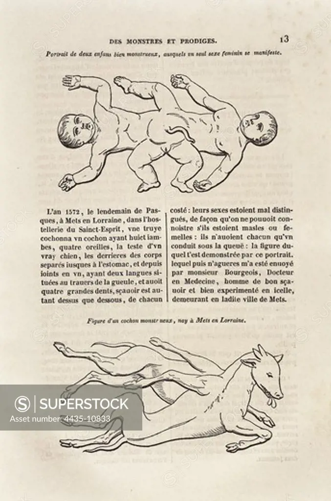 PARE, Ambroise (1509-1590). French surgeon. 'Des Monstres et Prodiges' (On monsters and marvels), included in an edition of the 'Complete works' executed in Paris (1841). SPAIN. CATALONIA. Barcelona. Biblioteca de Catalunya (National Library of Catalonia).