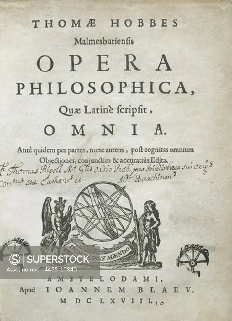HOBBES, Thomas (1588-1679). English philosopher. Advocate of the despotism. 'Opera Philosophica', edition of the complete works by Hobbes carried out in Amsterdam (1668). SPAIN. CATALONIA. Barcelona. Biblioteca de Catalunya (National Library of Catalonia).
