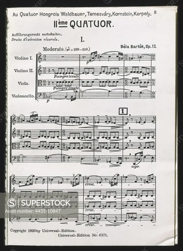 BARTOK, Bela (1881-1945). Hungarian composer. String Quartet number 2, op. 17. First movement score.