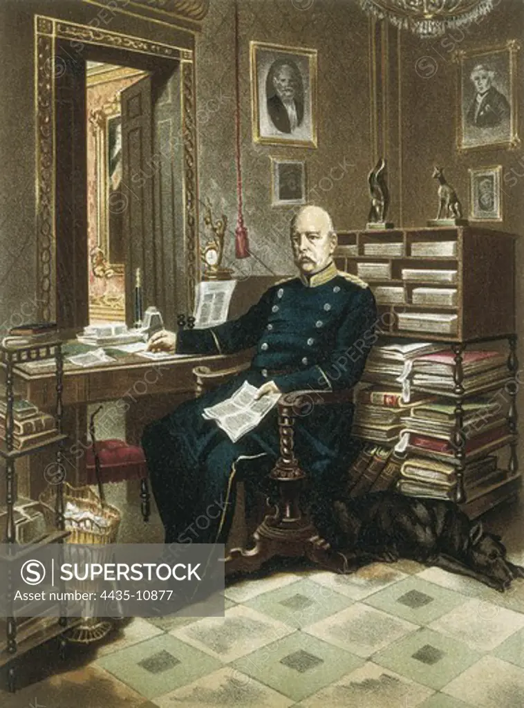 BISMARCK, Otto, prÕncipe von (1815-1898). Prussian politician and chancellor. Portrait of Otto von Bismarck in his office. Litography.