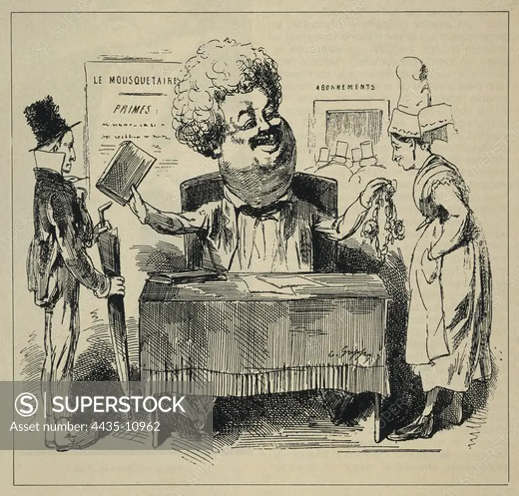 DUMAS, Alexandre (1802-1870). French writer. Writer's caricature. Engraving.