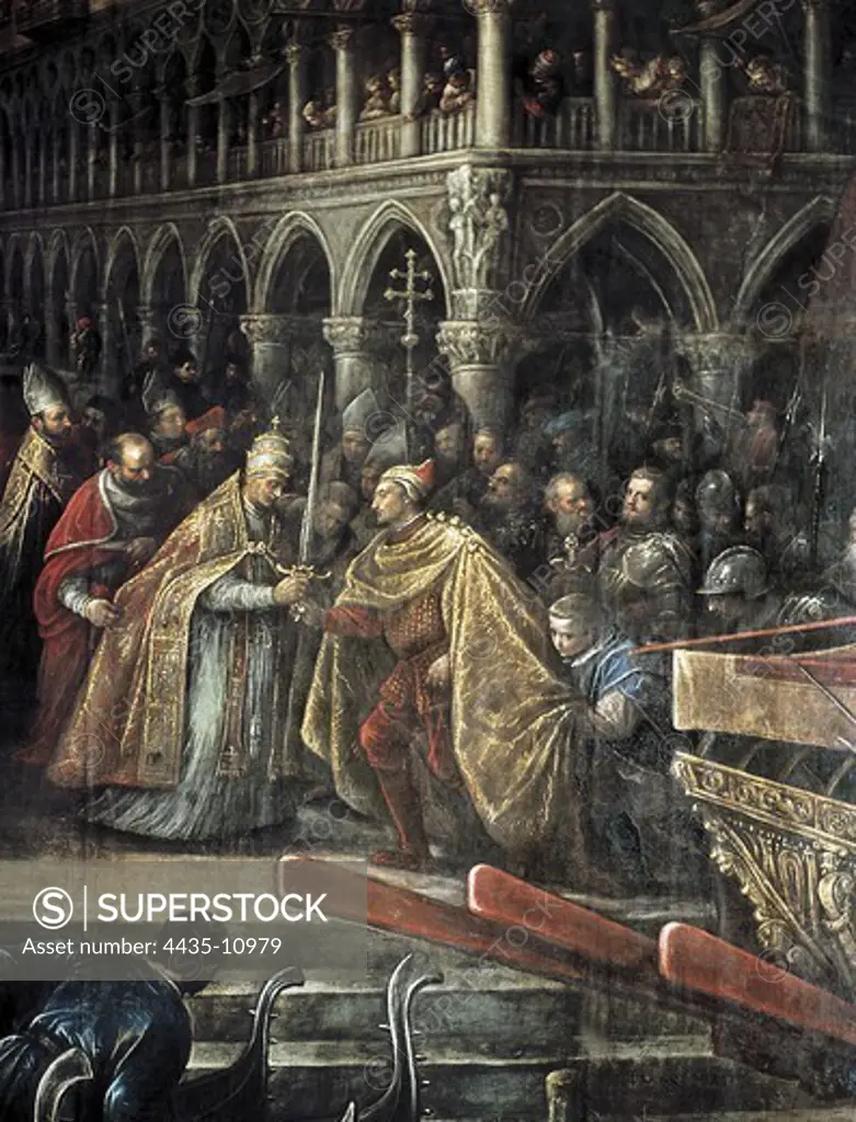 BASSANO, Francesco (1540-1592). Meeting of Pope Alexander III and Doge Ziani. ca. 1582. ITALY. Venice. Ducal Palace. Renaissance art. Cinquecento. Venetian school. Painting.