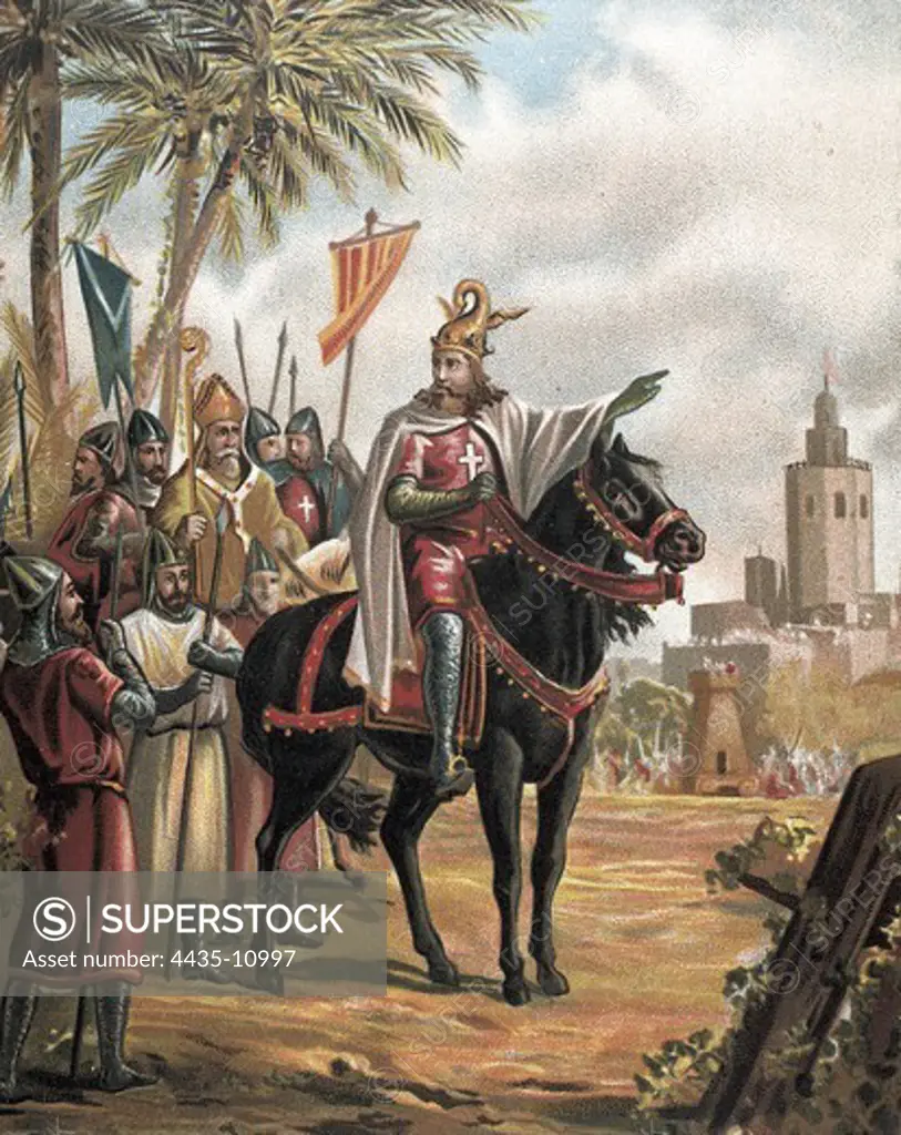 Spain. Crown of Aragon. Conquest of Valencia (1238). James I in the siege of Valencia. Illustration of the 'Glorias espaÐolas' by Carlos Mendoza (c.1880. Edition by RamÑn Molinas). Drawing.
