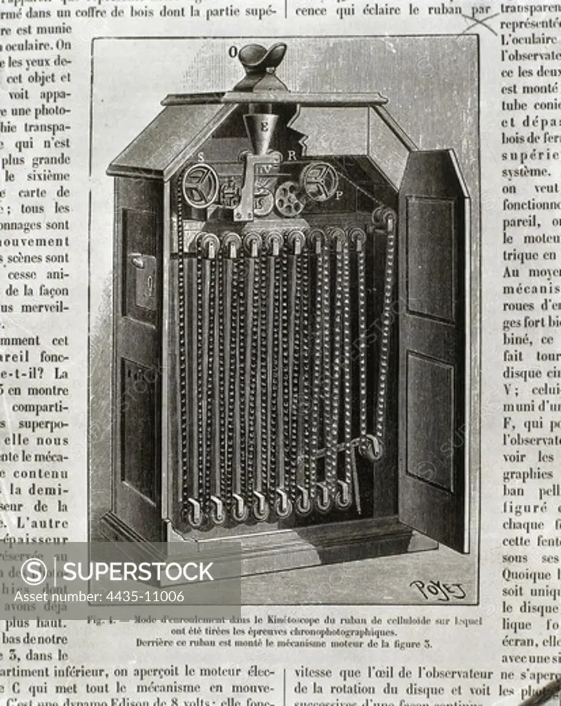 EDISON, Thomas Alva (1847-1931). United States scientist and inventor. Kinetoscope, invented by Thomas Edison in 1891. Engraving.