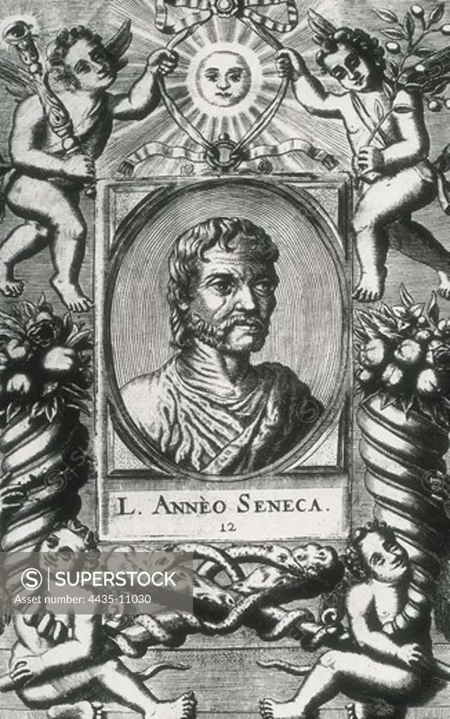 SENECA, Lucius Annaeus (4 BC-65). Latin philosopher, statesman, politician and dramatist. Etching.