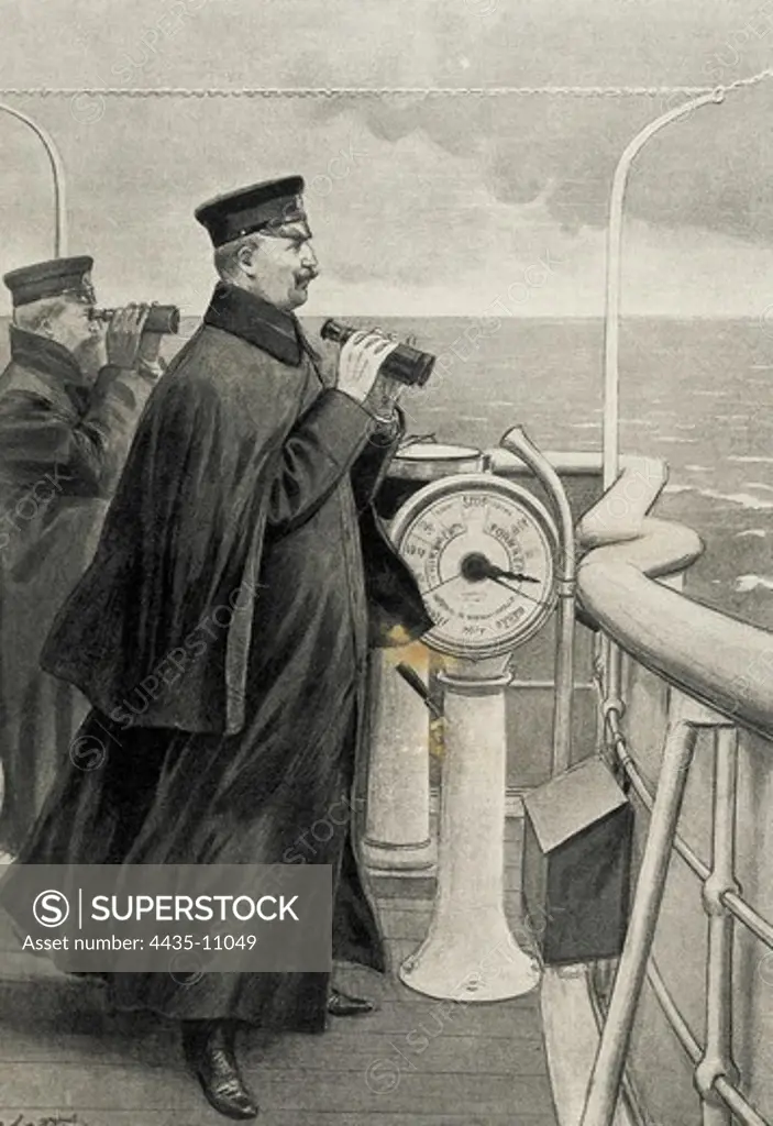WILLIAM II of Germany (1859-1941). King of Prussia and emperor of Germany (1888-1918). Wilhelm II of Germany on the deck of the Koenig Albert vessel sailing through French waters (1904). Engraving.