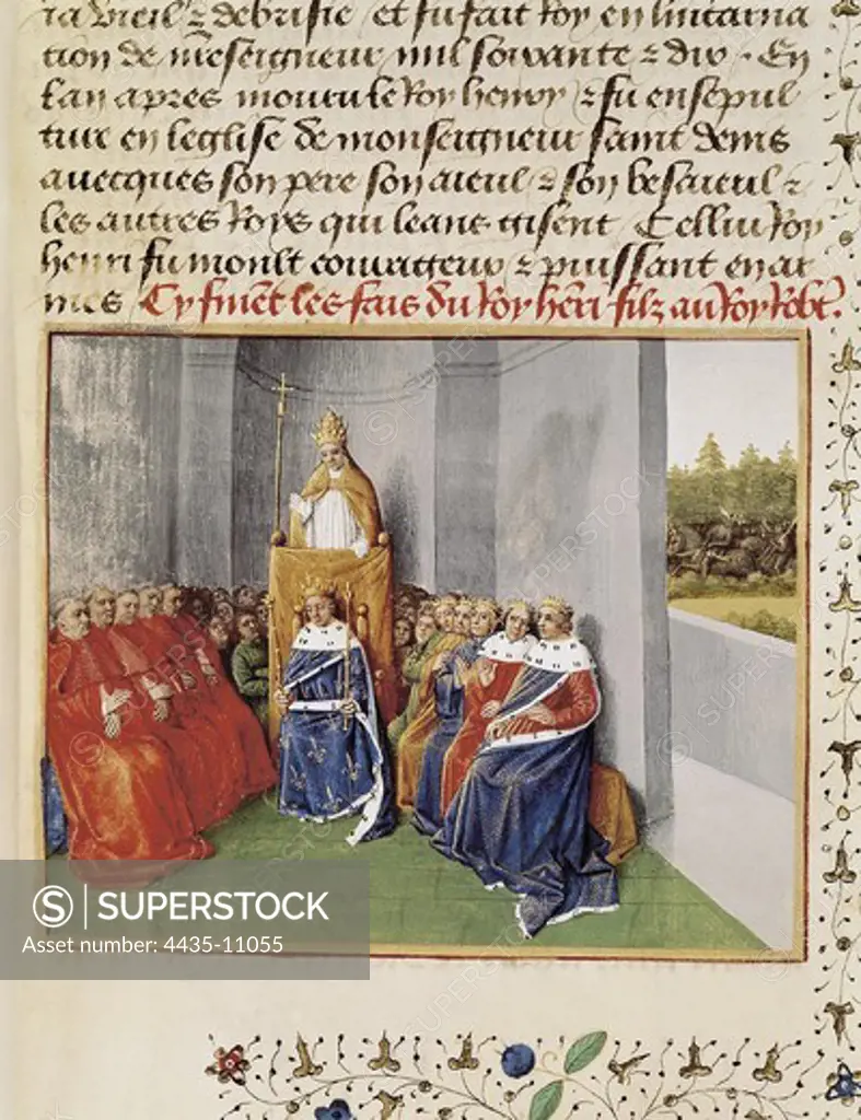 First Crusade. Council of Clermont (1095). Pope Urban II talks to the Emperor and the Christian monarchs urging them to free Holy Land. Gothic art. Miniature Painting. FRANCE. LE-DE-FRANCE. Paris. National Library.