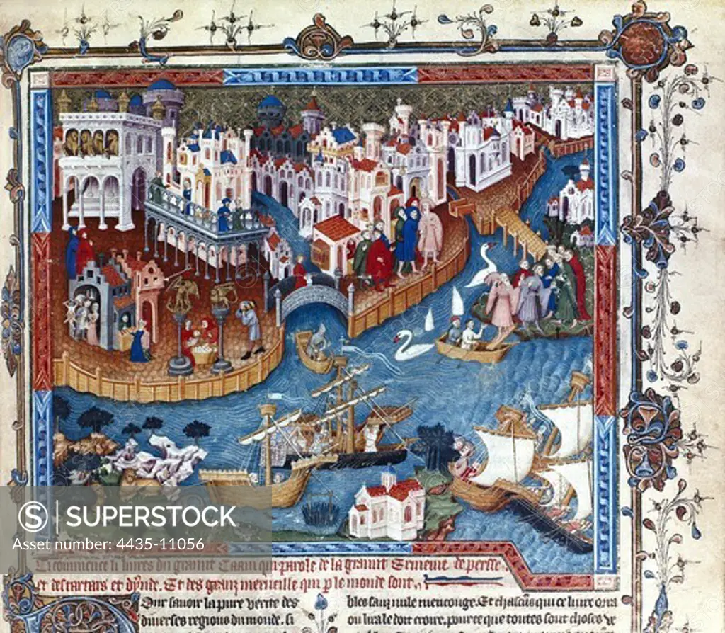 Venice. The dock of St. Mark at the moment of the departure of the Polo brothers. Gothic art. Miniature Painting. UNITED KINGDOM. ENGLAND. SOUTH EAST ENGLAND. Oxford. Bodleian Library.