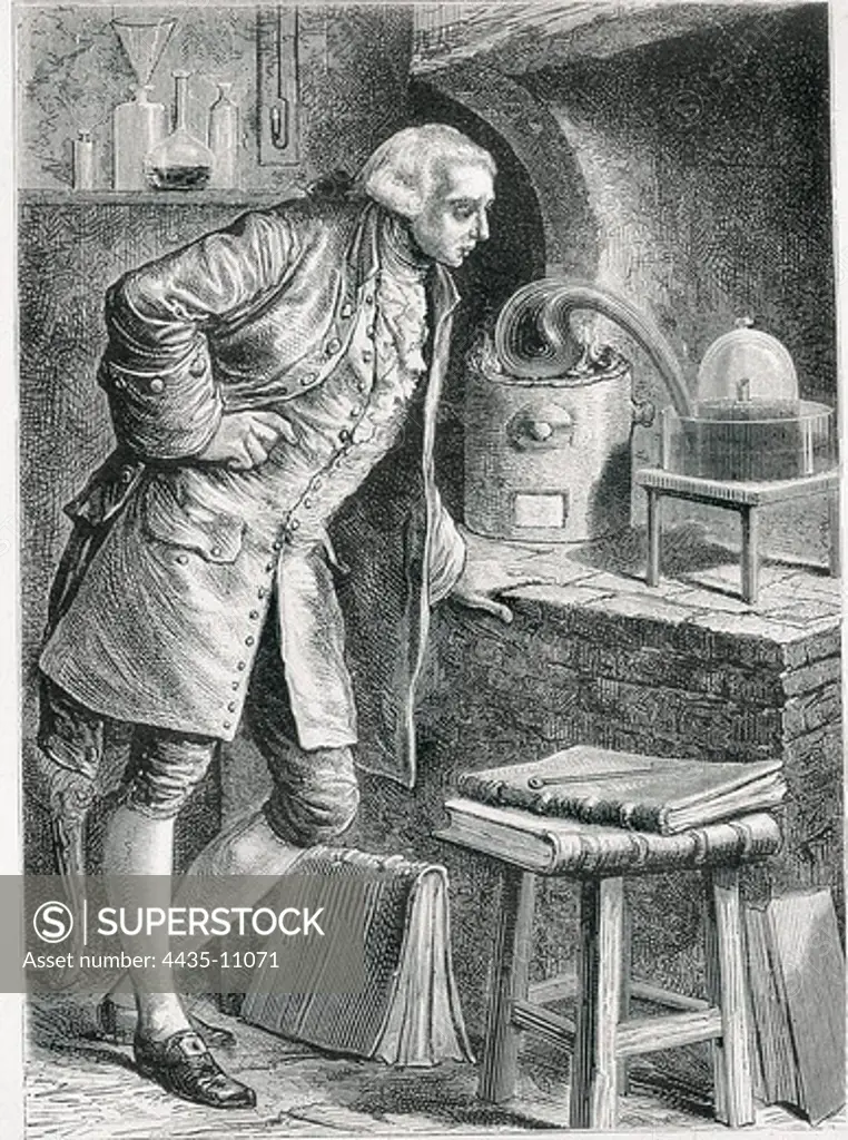 Lavoisier, Antoine-Laurent (1743-1794). French chemist. Established the composition of the water and the basis of bioenergetics. Lavoisier discovers the composition of the air. Etching.