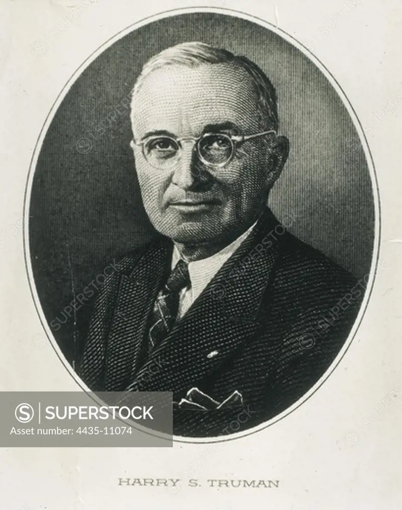 TRUMAN, Harry S. (1884-1972). Portrait of Harry S. Truman. Engraving.