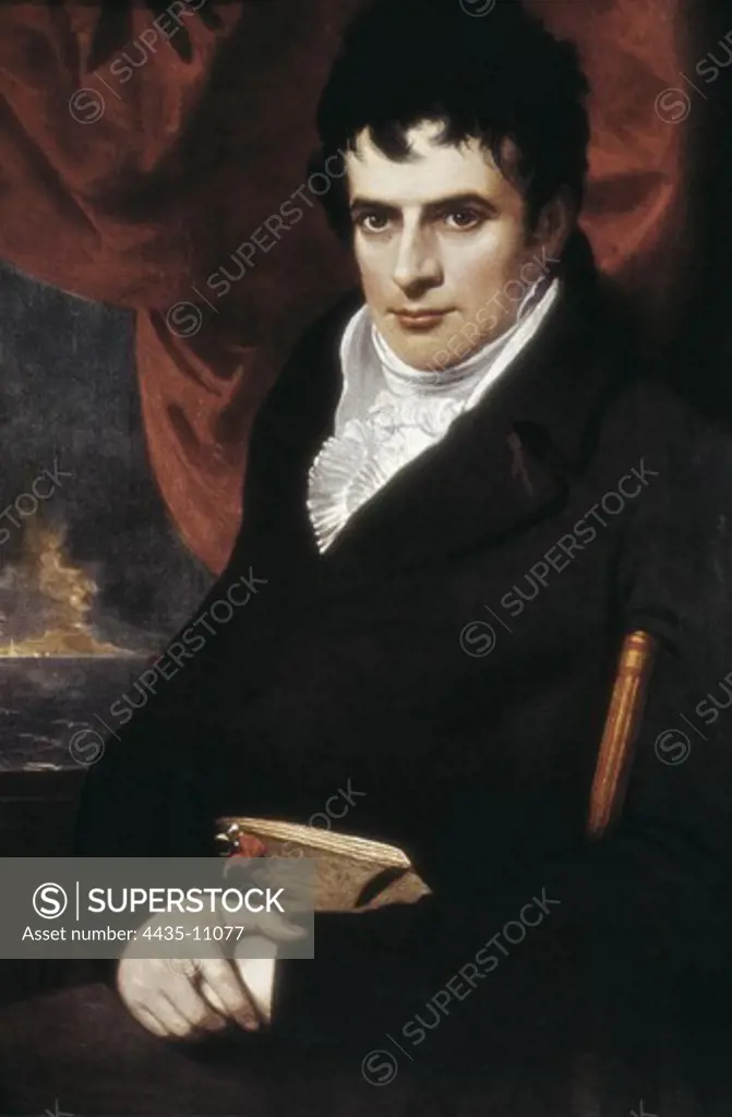 FULTON, Robert (1765-1815). North-American nautical engineer. Inventor who developed the first commercially successful steamboat. He designed the first practical submarine and invented earliest naval torpedoes. Portrait of Robert Fulton, after a painting by Benjamin West (1728-1820). Oil on canvas.