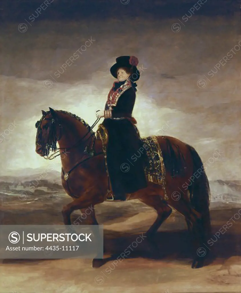 GOYA Y LUCIENTES, Francisco de (1746-1828). The Queen Maria Luisa on a Horseback. 1799. She wears the uniform corresponding to the Colonel of the Guards of Corps. Oil on canvas. SPAIN. MADRID (AUTONOMOUS COMMUNITY). Madrid. Prado Museum.
