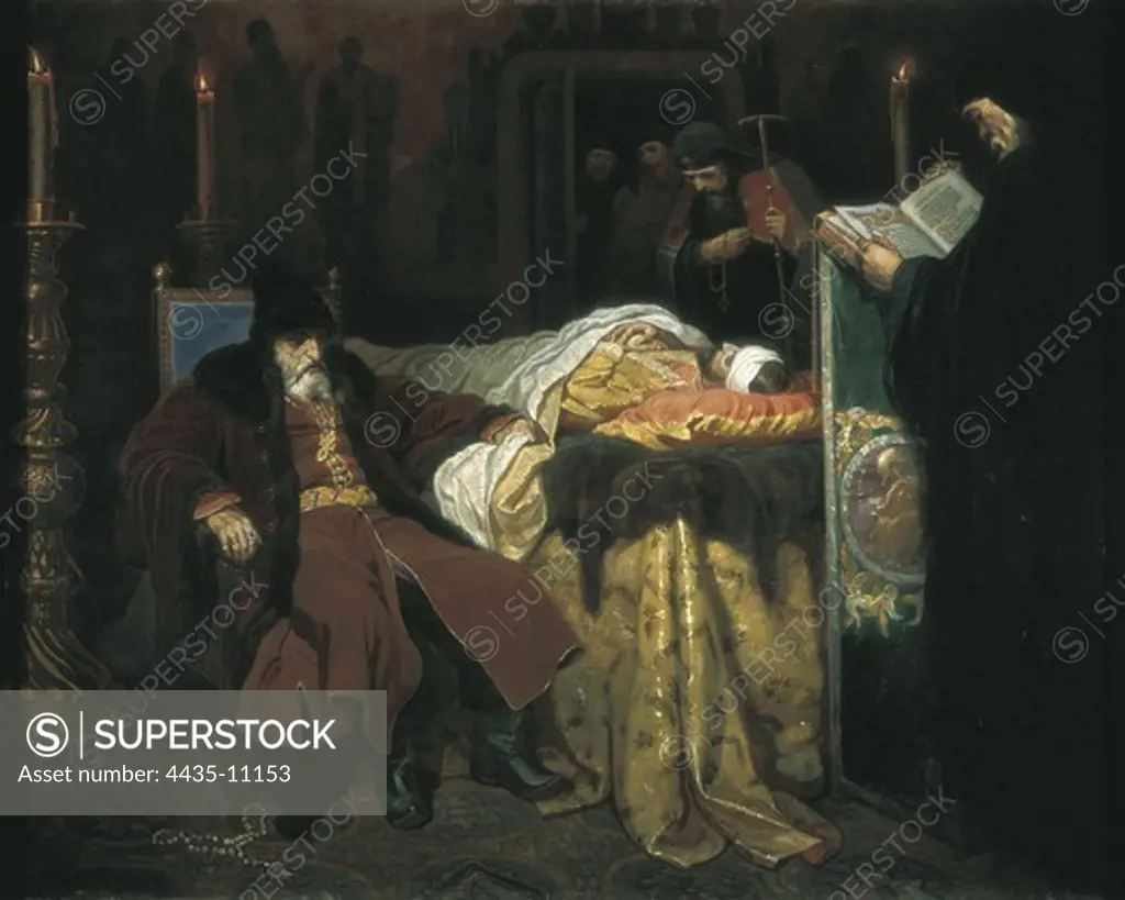 Ivan IV Vasilyevich the Terrible (1530-1584). Tsar of Russia (1534-1584) and Great Duke of Moscow (1533-47). Ivan the Terrible after his son's death. Oil on canvas. RUSSIA. MOSCOW. Moscow. Tretyakov Gallery.