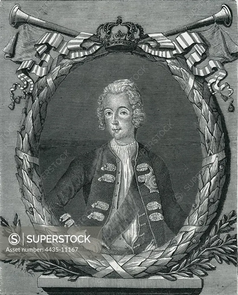 FREDERICK II 'the Geat' (1712-1786). King of Prussia (1740-1786). Portrait of Frederick II the Great when he was 17 years-old. Etching.