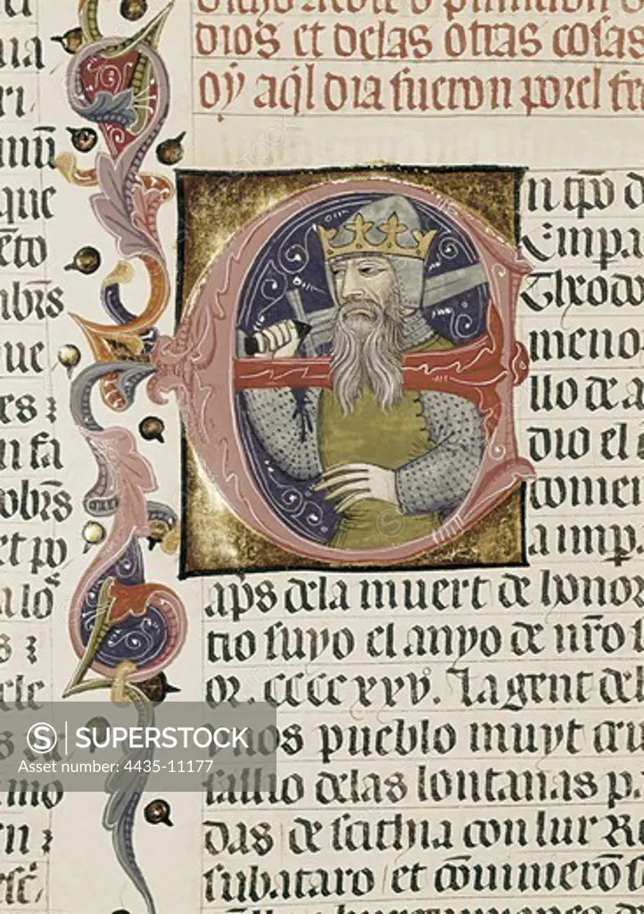 FERNANDEZ DE HEREDIA, Juan (1310-1396). Grand Master of the Order of Knights of the Hospital of St. John of Jerusalem, historian and bibliophile. La CrÑnica de los Conqueridores' (The Chronicle of Conquerors). Capital letter with the figure of Fernàndez de Heredia as an idealized historical person. Edition made in Avignon (1385). Gothic art. Miniature Painting. SPAIN. MADRID (AUTONOMOUS COMMUNITY). Madrid. National Library.