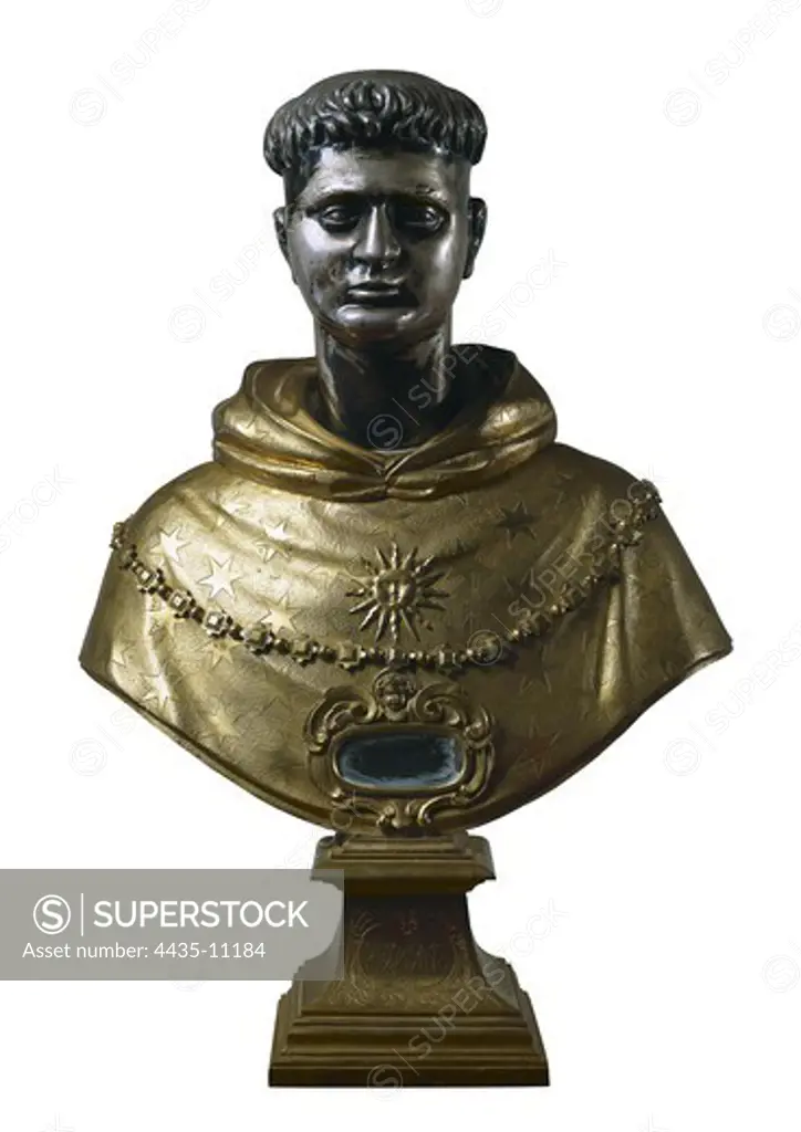 AQUINAS, Thomas, Saint (1225-1274). Reliquary bust of Saint Thomas Aquinas. Baroque art. Sculpture. SPAIN. CASTILE-LA MANCHA. Toledo. Holy Cross Museum.