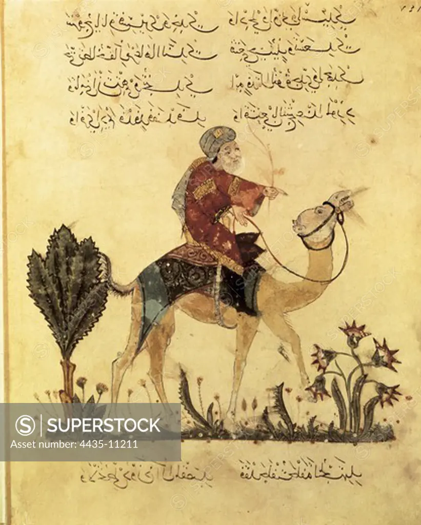 Al-Hariri of Basra (1054-1122). Arab erudite and poet.; Yahya ibn Mahmud al-Wasiti. 'The Maqamat' (The Assemblies of al-Hariri), characteristic genre of the medieval arabic literature. Edition carried out in Bagdad and illustrated by al-Wasiti (1237). Soldier on camelback. Islamic art. Miniature Painting. FRANCE. LE-DE-FRANCE. Paris. National Library.