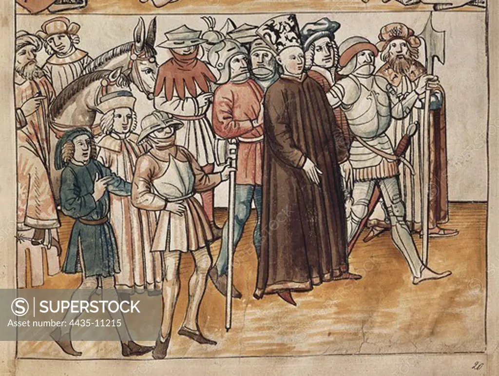 Hus, Jan (1369-1415). Czech priest and religious reformer.; RICHENTAL, Ulrich von (1365-1438). Chronicler. Illustration of John Huss' arrest in Constance, from the 'Chronik des Constanzer concils' (Chronicle of the Council of Constance) by Ulrich von Richental. Anonymous illustration from the German School. Miniature Painting. CZECH Rep.. Prague. National Library of the Czech Republic.
