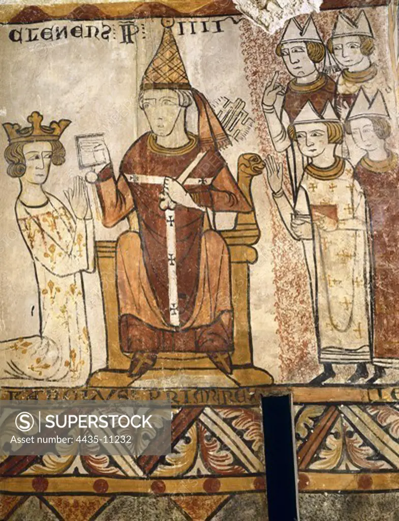 Charles I, Duke dÇAnjou (1226-1285). King of Sicily and Naples (1266-1285) and King of Hungary (1308-1342).; CLEMENT IV ( -1268). Pope from 1265 to 1268. Charles of Anjou is granted the title of King of Sicily by Pope Clement IV. This painting belongs to a series which depicts Charles of Anjou's conquest of Sicily. Romanesque art. Fresco. FRANCE. Pernes-les-Fontaines. Tour Ferrande.