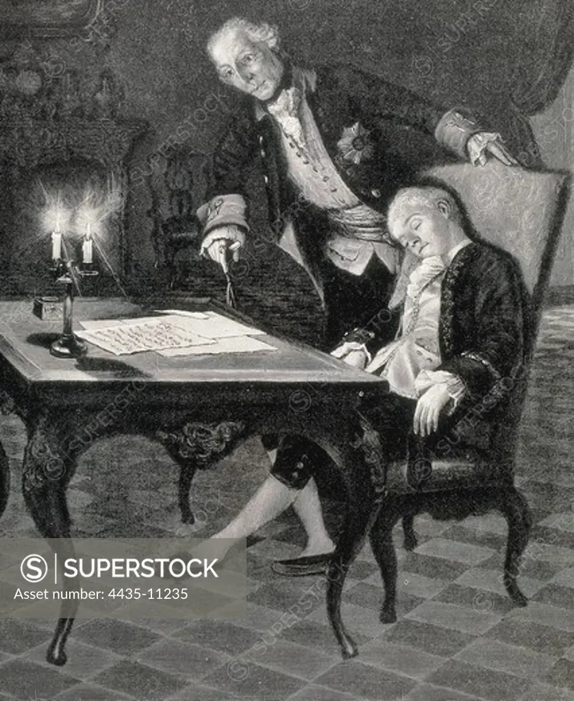 FREDERICK II 'the Geat' (1712-1786). King of Prussia (1740-1786). Frederick II the Great and his page. Etching.