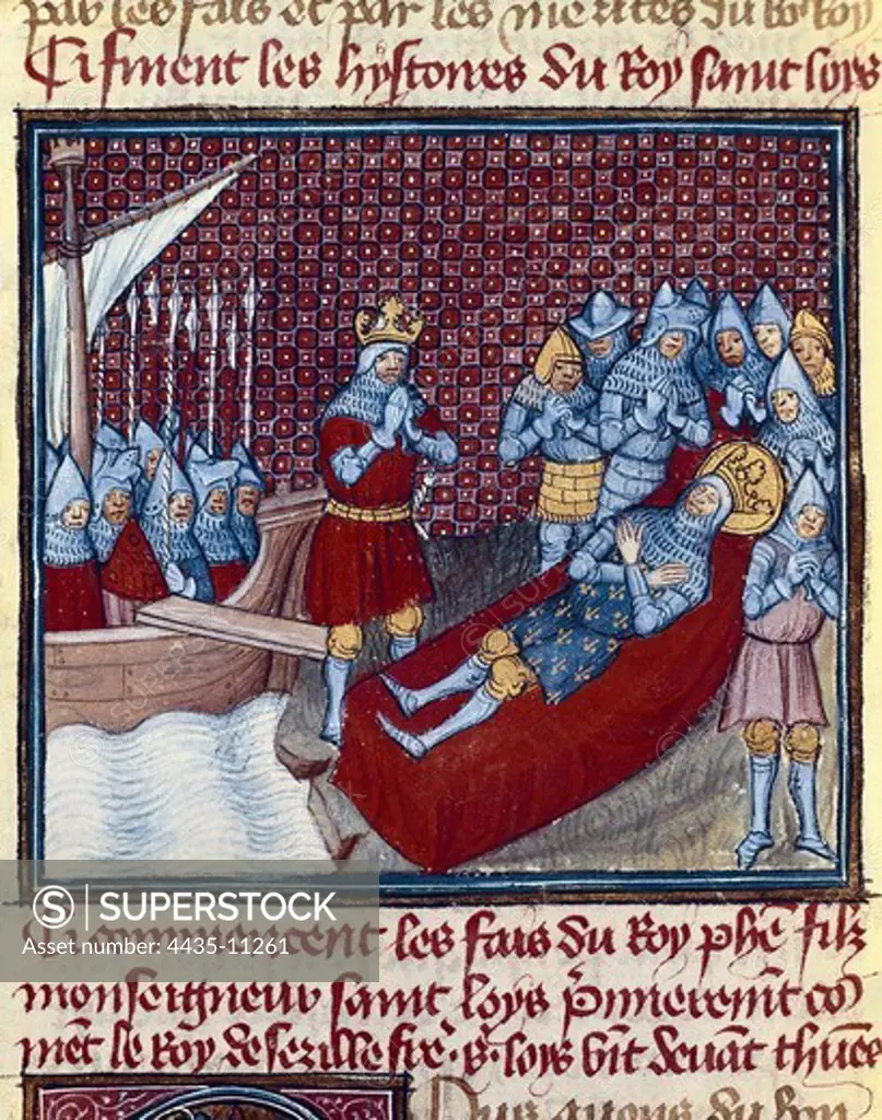 LOUIS IX, Saint Louis, of France (1214-1270). King of France (1226-1270). Les Grandes Chroniques de France. King of France (1226 - 1270). Saint Louis dies in the course of the Seventh Crusade in Tunis because of a plague. Miniature painting. Gothic art. Miniature Painting. FRANCE. PICARDY. OISE. Chantilly. Mus_e Cond_ (Cond_ Museum).