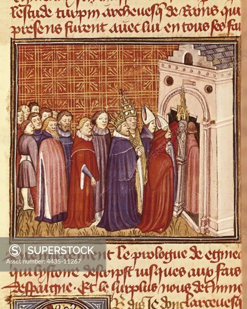 LOUIS IX, Saint Louis, of France (1214-1270). King of France (1226-1270). Saint Louis in his coronation day. Illustration from 'Les Grandes Chroniques de France' (14th c.). Gothic art. Miniature Painting. FRANCE. PICARDY. OISE. Chantilly. Mus_e Cond_ (Cond_ Museum).