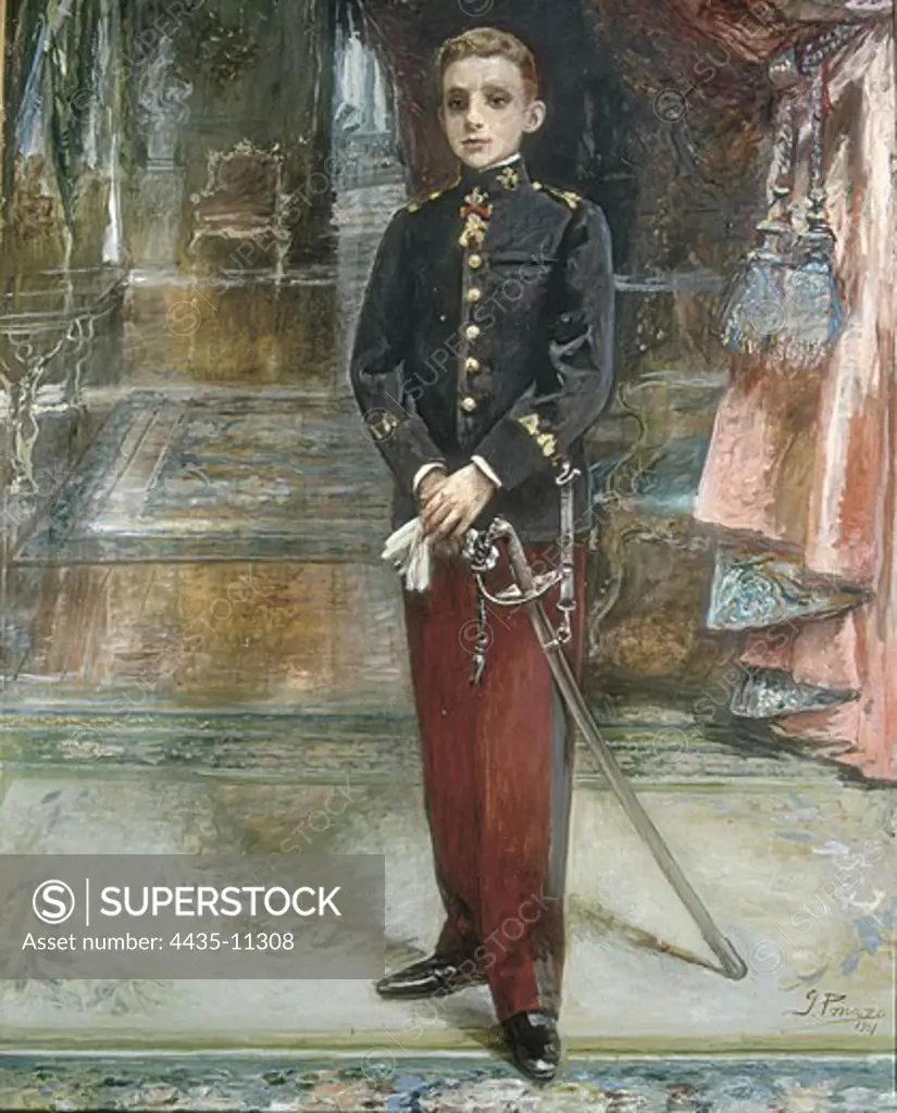 ALFONSO XIII (1886-1941). King of Spain (1886-1931). Alfonso XIII at 15. Portrait by Ignacio Pinazo (1901). PINAZO CAMARLENCH, Ignacio (1849-1916). Oil on canvas.