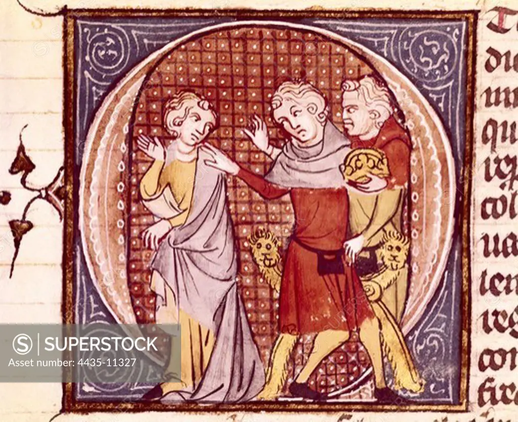 VINCENT of BEAUVAIS (1190-1264). Speculum historiale. ca. 1460. Innocent III excommunicates Otto IV for the invasion of Sicily (1210). Gothic art. Miniature Painting. SPAIN. MADRID (AUTONOMOUS COMMUNITY). San Lorenzo de El Escorial. Royal Library of the Monastery of El Escorial.
