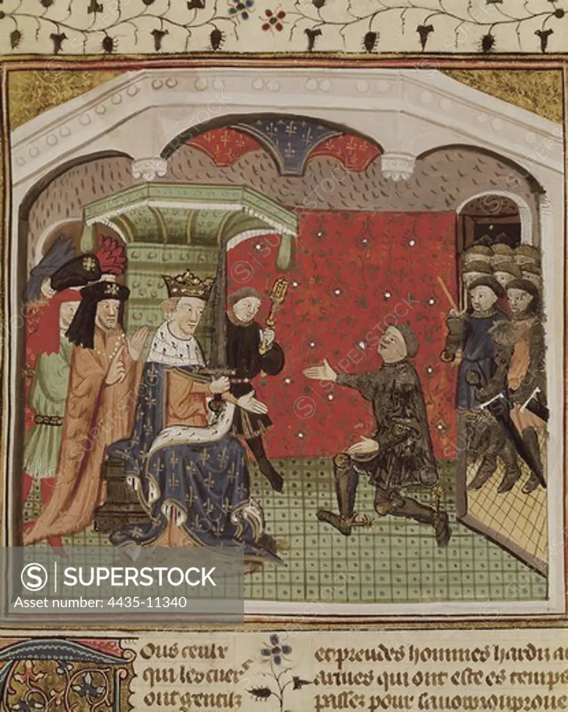 GUESCLIN, Bertrand du (1315-1380). French general supporting Charles V of France. He fought against the English army and supported Henry of Trastamara in his war against Pedro the Cruel. Bertrand Duguesclin kneeling in front of Charles V of France. Gothic art. Miniature Painting. FRANCE. HAUTE-NORMANDIE. SEINE-MARITIME. Rouen. Bibliothque Municipale (Municipal Library).