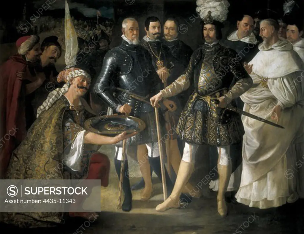 ZURBARAN, Francisco de (1598-1664). Surrender of Sevilla. 1634. Governor Achacaf delivers the keys of Sevilla to the king Fernando III of Castile. Baroque art. Oil on canvas. Private Collection.