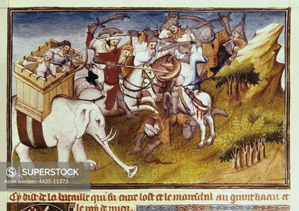 Polo, Marco (1254-1324). Venetian traveller. 'Book of Wonders', French handwriting edition (14th c.). Battle betweem Mongolians and Minians. Description of the World. s.XIV. Gothic art. Miniature Painting. FRANCE. LE-DE-FRANCE. Paris. National Library.