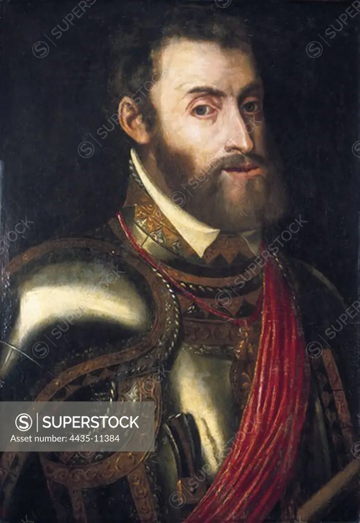 CHARLES V (1500-1558). Holy Roman Emperor (1519-1556) and King of Spain (1516-1556), as Charles I. Replica of a Titian's portrait. Oil on canvas. SPAIN. MADRID (AUTONOMOUS COMMUNITY). Madrid. Banco Exterior de EspaÐa (Overseas Trade Bank of Spain) Collection.