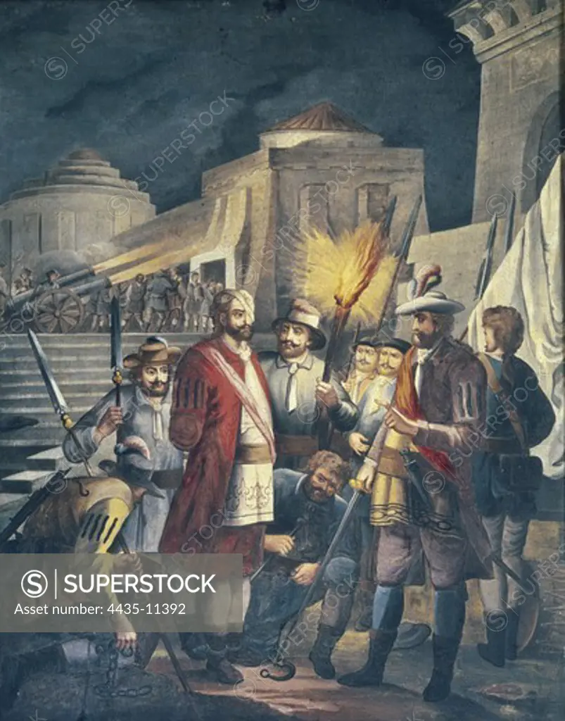 America (16th c.). Batlle of Zempoala (24th May 1520). Hernan Cortes taking Pànfilo de Narvàez as a prisoner. Painting of the series 'History of Mexico'. Painting. SPAIN. MADRID (AUTONOMOUS COMMUNITY). Madrid. America's Museum.