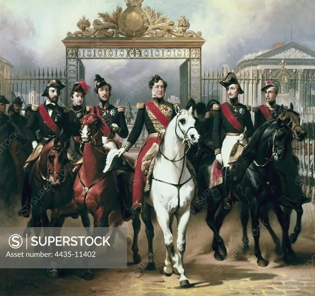 VERNET, Emil-Jean-Horace (1789-1863). Louis-Philippe and his Sons on Horseback in front of the Bar of the Chateau de Versailles. 1846. From left to right: Prince of Joinville, Duke of Montpensier, Duke of Orleans, Louis-Philippe, Duke of Nemours and Duke of Aumale. Romanticism. Oil on canvas. FRANCE. LE-DE-FRANCE. YVELINES. Versailles. National Museum of Versailles.