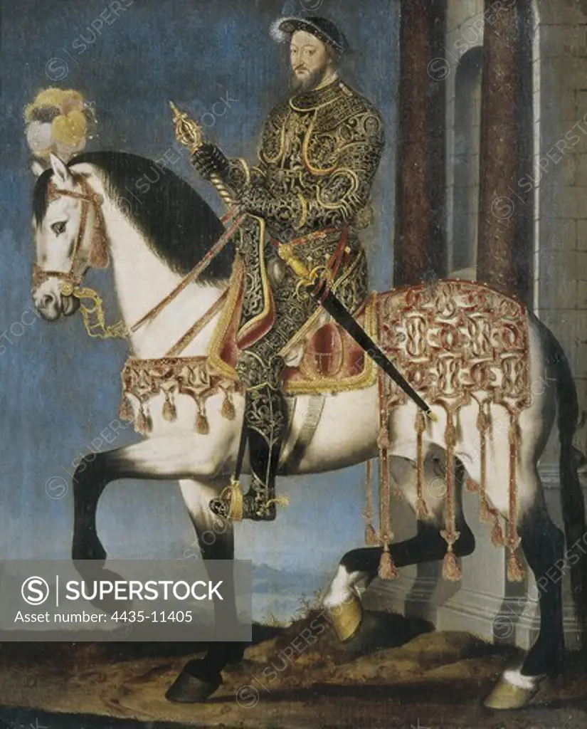 CLOUET, Franois (1505-1573). Portrait of Francis I on Horseback. ca. 1540. Equestrian portrait. Renaissance art. Cinquecento. Oil on canvas. ITALY. TUSCANY. Florence. Galleria degli Uffizi (Uffizi Gallery).