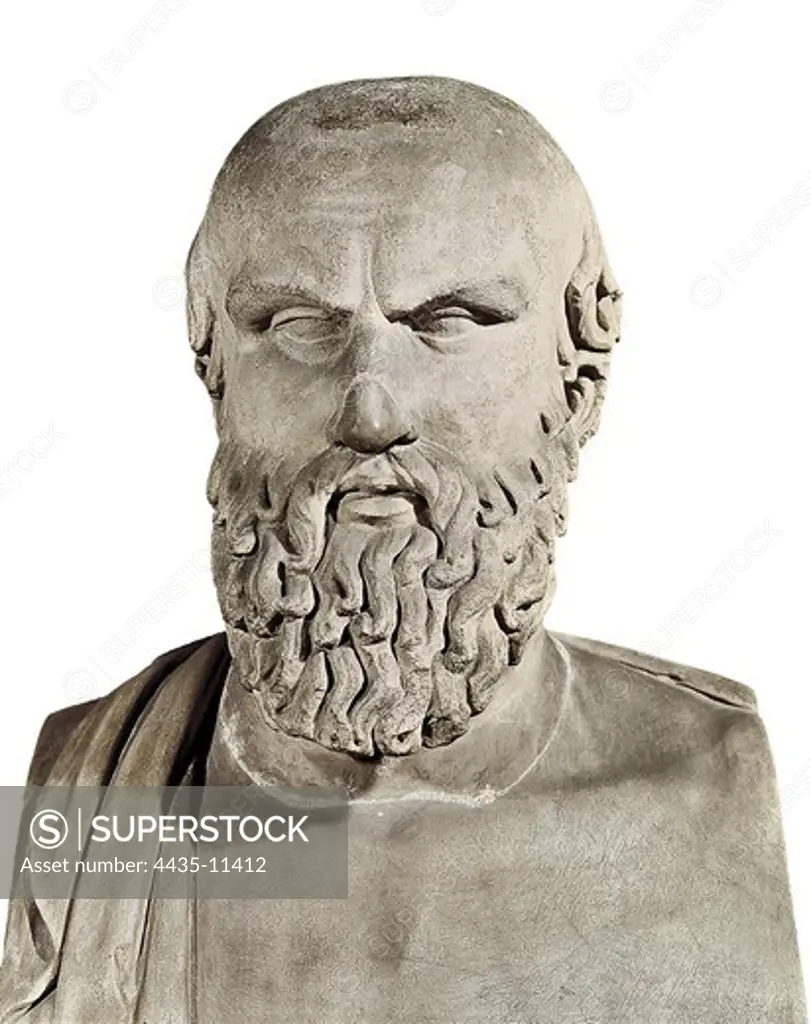 AESCHYLUS (525-455 BC). Greek tragedian poet. Bust of Aeschylus. 5th c. BC. Greek art. Sculpture on marble. ITALY. LAZIO. Rome. Capitoline Museums.