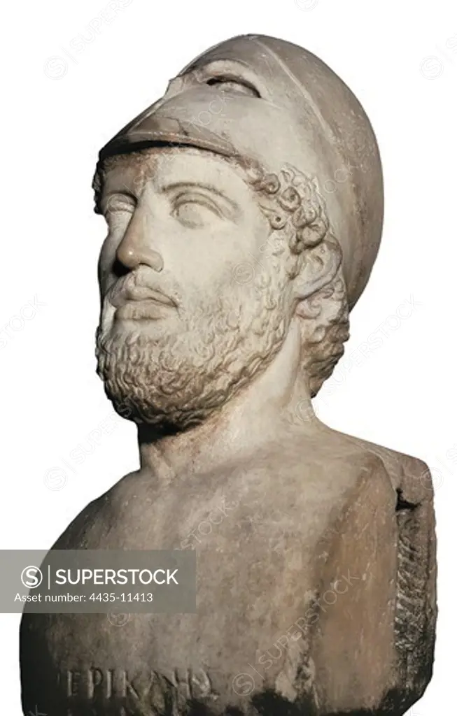 Bust of Perikles. 2nd c. BC. Roman art. Republican period. Sculpture on marble. UNITED KINGDOM. ENGLAND. London. The British Museum. Proc: ITALY. LAZIO. ROME. Tivoli. Villa Adriano.