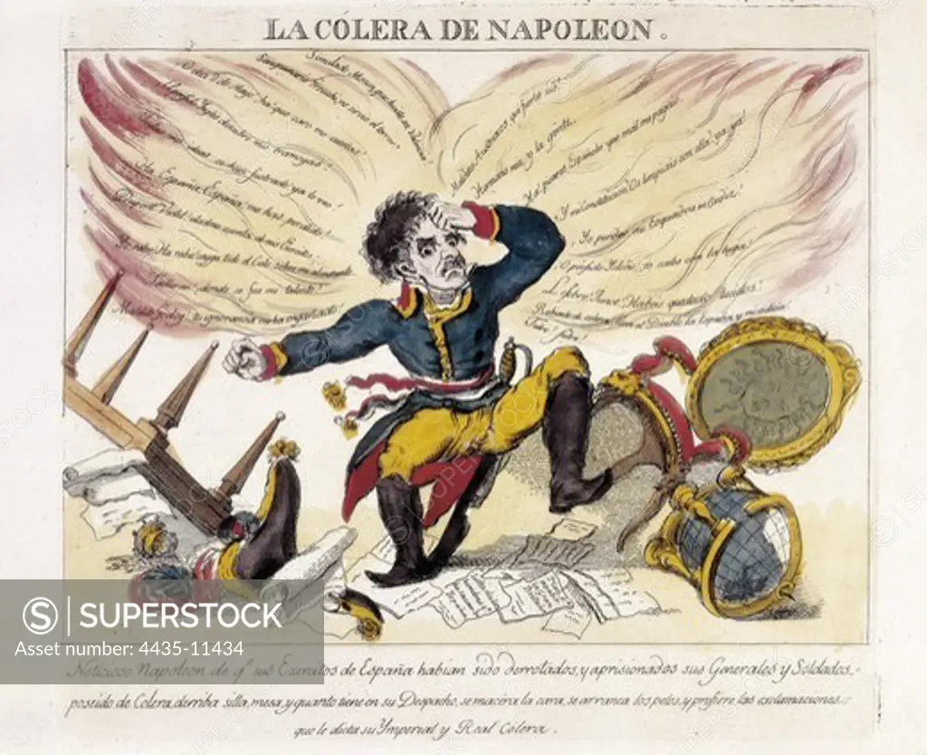 NAPOLEON I Bonaparte (1769-1821). French military man and politician, Emperor of France (1804-1815). 'The rage of Napoleon', caricature with Napoleon complaining about his problems in Spain. Engraving. SPAIN. MADRID (AUTONOMOUS COMMUNITY). Madrid. Museo de Historia.