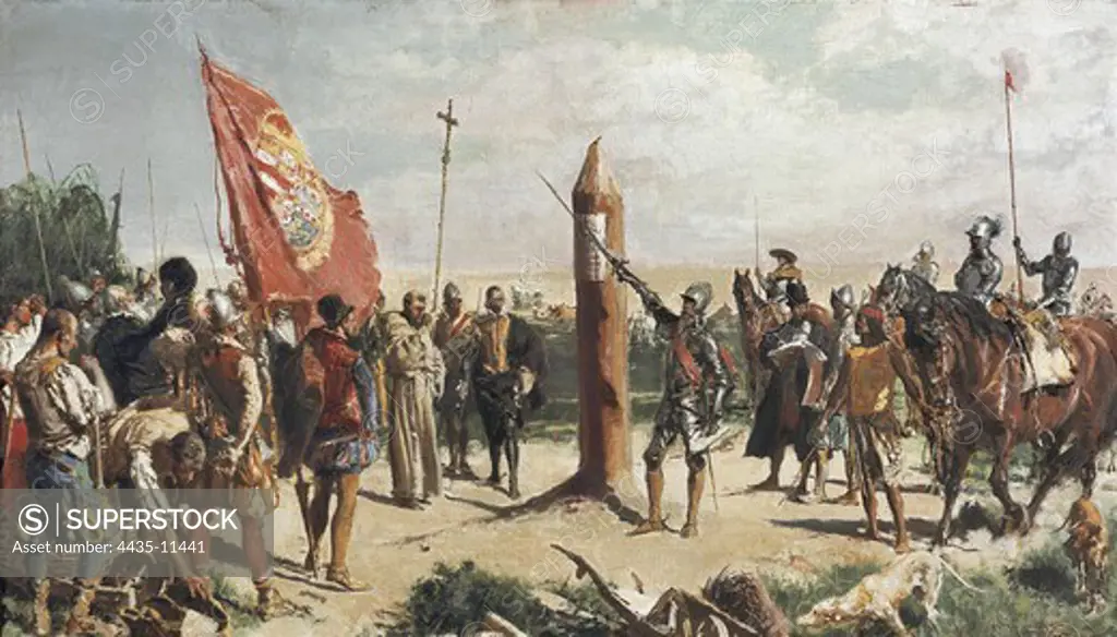 Second foundation of Buenos Aires by Juan de Garay facing the 'Arbol de la Justicia' (Justice Tree), where today is the Plaza de Mayo, on June 11, 1580. By Jose Moreno Carbonell. Realism. Painting.