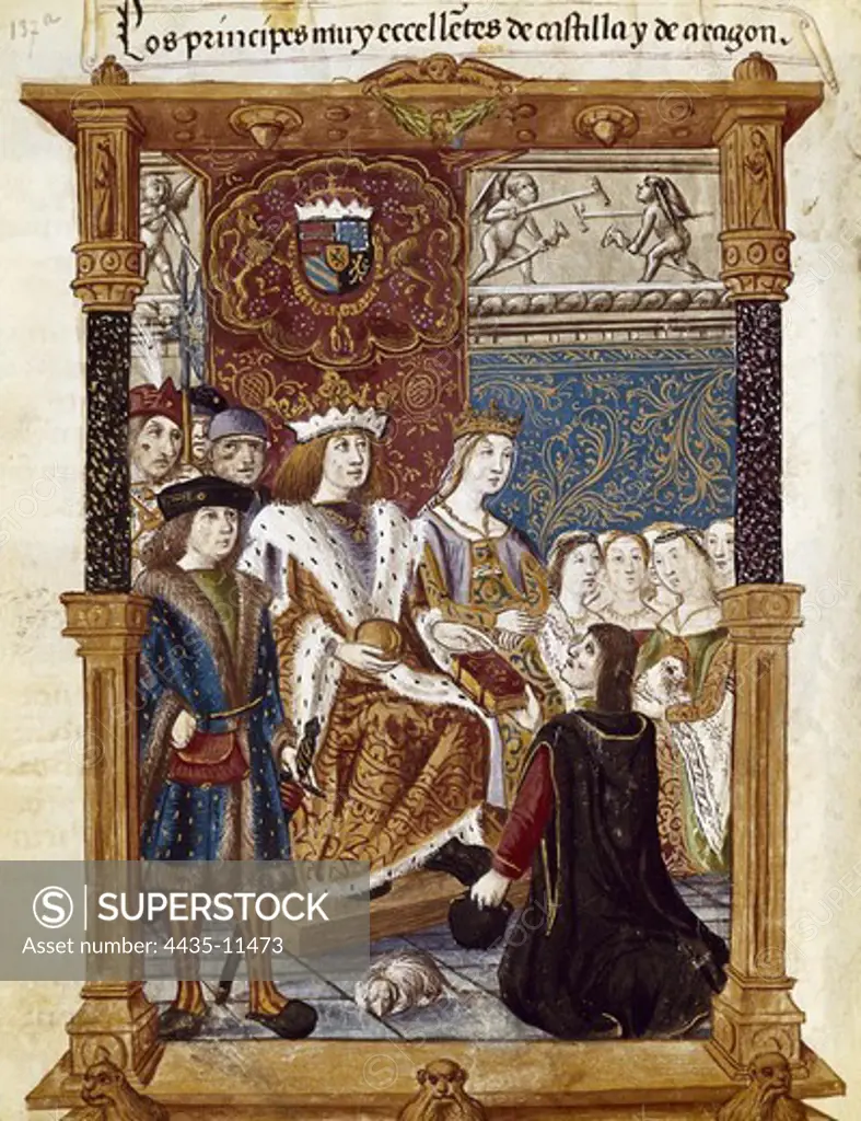 Joanna the Mad's praying book made by Pedro Marcuello, showing his work to king Philip the Handsome and queen Joanna the Mad,. Gothic art. Miniature Painting. FRANCE. PICARDY. OISE. Chantilly. Mus_e Cond_ (Cond_ Museum).