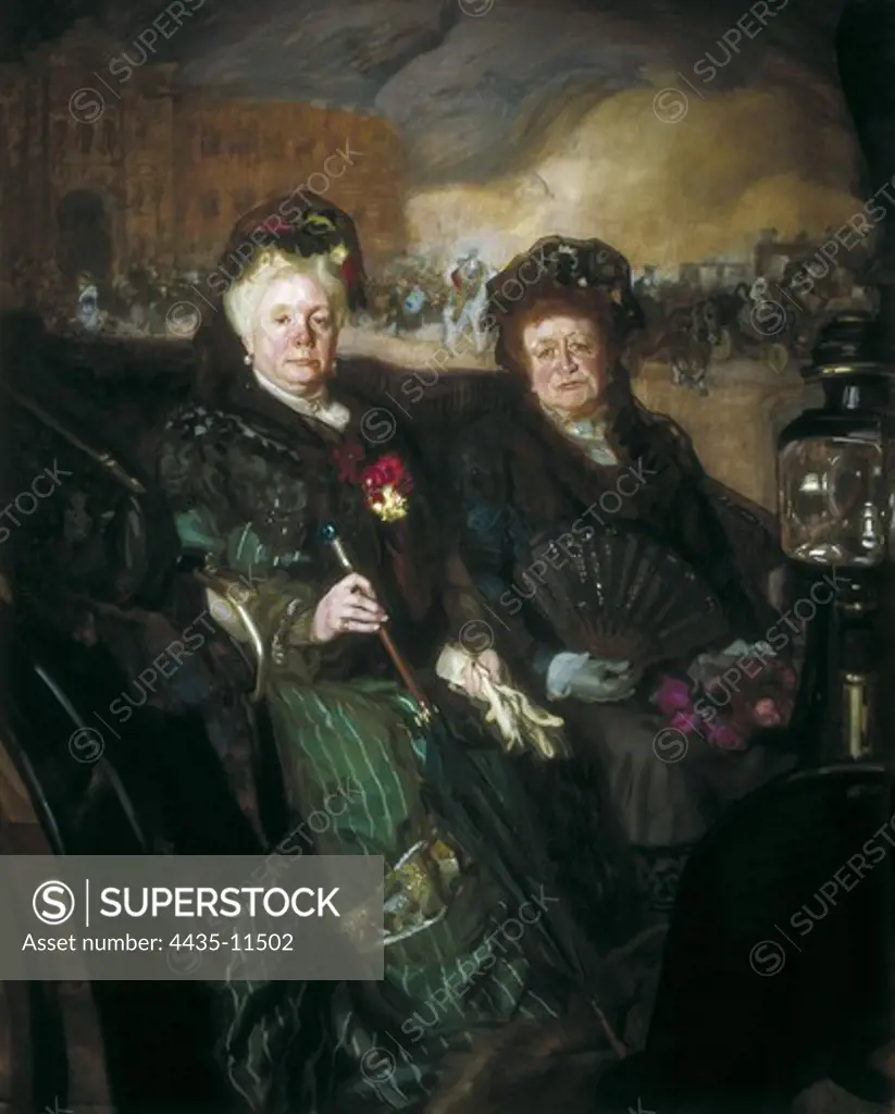 LOPEZ MEZQUITA, Jos_ MarÕa (1883-1954). Portrait of Isabella of Borbon y Borbon and the marquise of Najera. 1915. Portrait of the Infanta Isabelle of Bourbon and the Marquise of Nàjera at the exit of the bullfight in a carriage. Oil on canvas. SPAIN. MADRID (AUTONOMOUS COMMUNITY). Madrid. Museo de Historia.